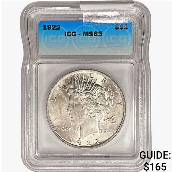 1922 Silver Peace Dollar ICG MS65