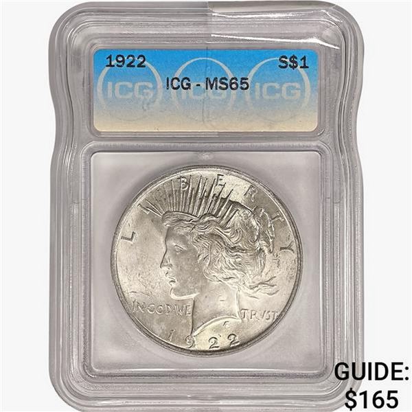 1922 Silver Peace Dollar ICG MS65