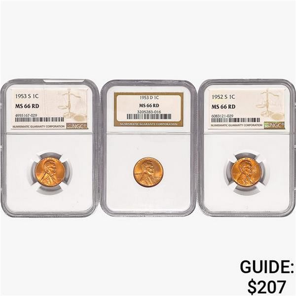 [3] Wheat Cents NGC MS66 RD [1952-S, 1953-S, 1953-