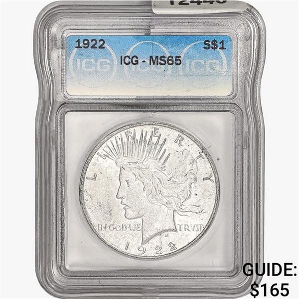 1922 Silver Peace Dollar ICG MS65
