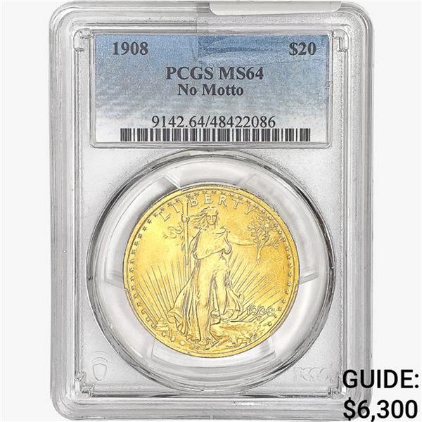1908 $20 Gold Double Eagle PCGS MS64 No Motto