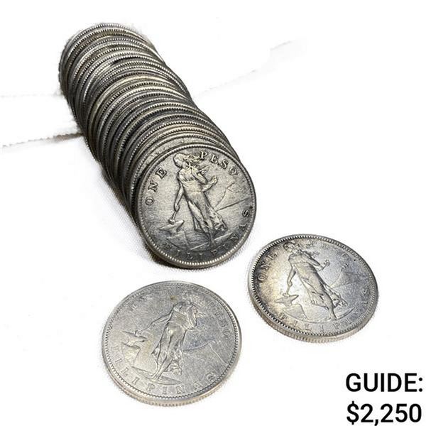 1908 US Philippines Silver Peso Roll (25 Coins)