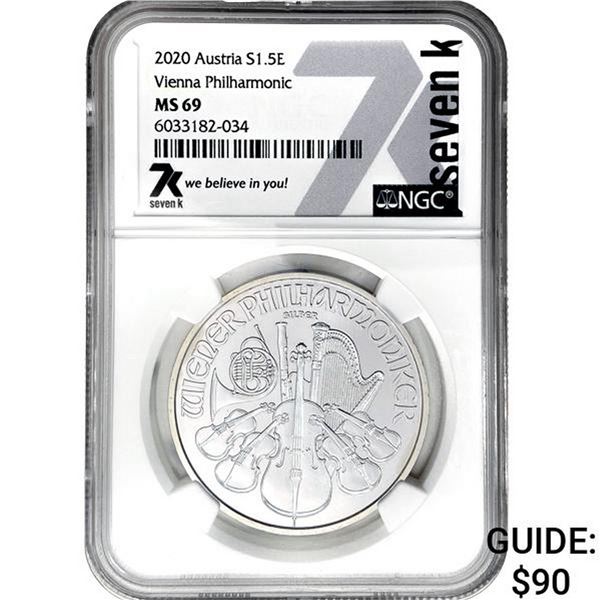 2020 Austria Silver 1,50 Euro NGC MS69