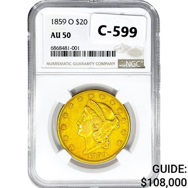 1859-O $20 Gold Double Eagle NGC AU50