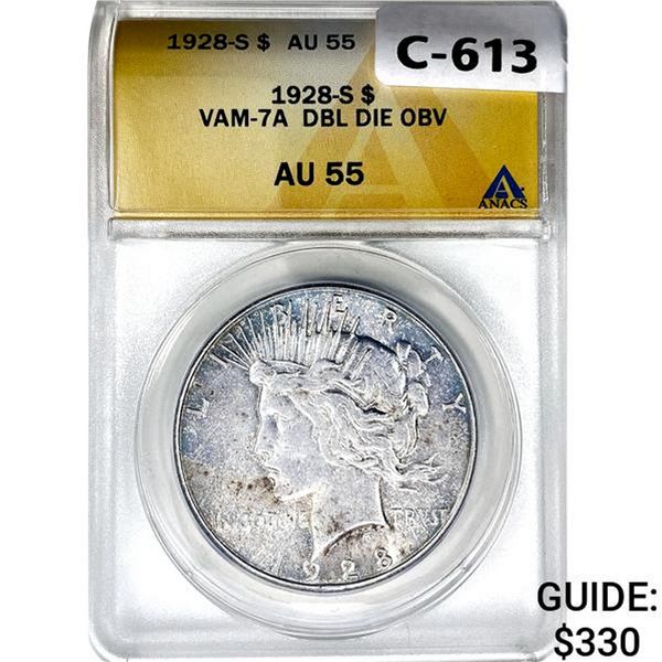 1928-S Silver Peace Dollar ANACS AU55 VAM-7A Dbl D