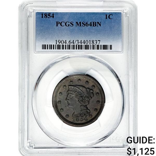 1854 Braided Hair Large Cent PCGS MS64 BN