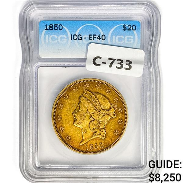 1850 $20 Gold Double Eagle ICG EF50