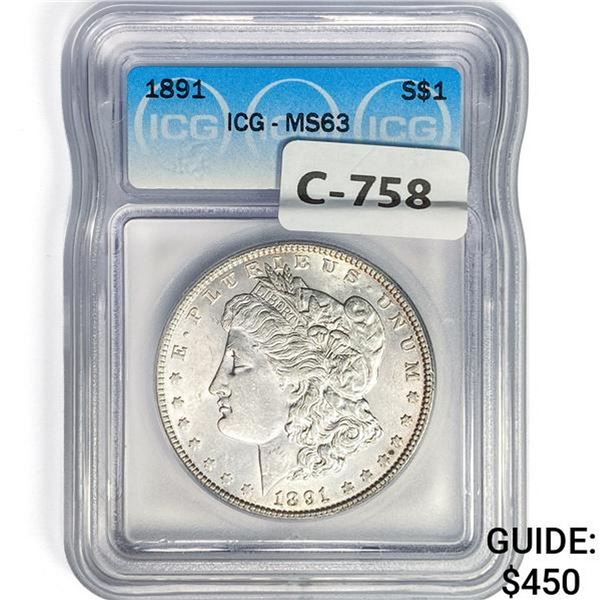1891 Morgan Silver Dollar ICG MS63