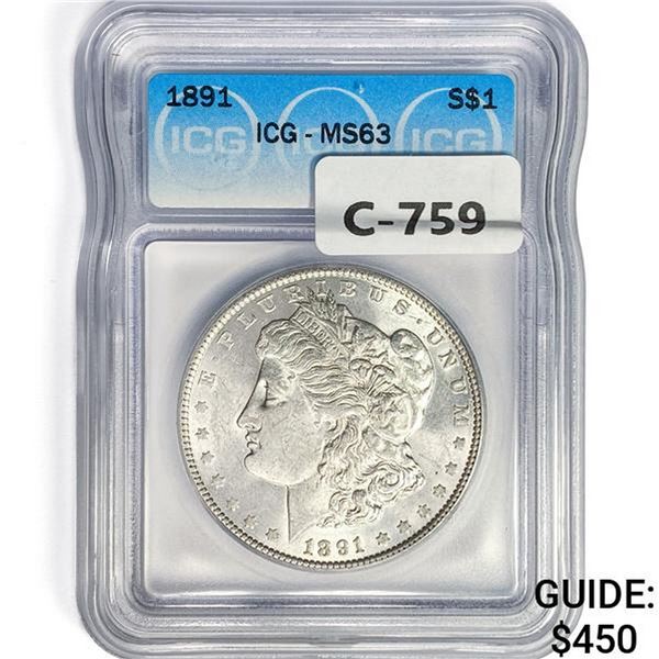 1891 Morgan Silver Dollar ICG MS63