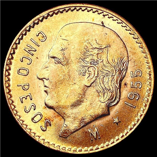 1955 Mexico .1206oz Gold 5 Pesos GEM BU