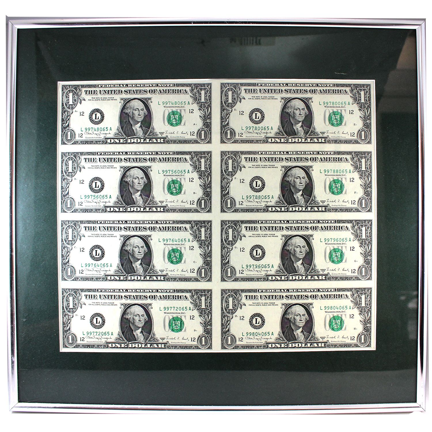 *USA 1988 $1 Uncut Banknote Sheet of 8x Notes in Metal Frame