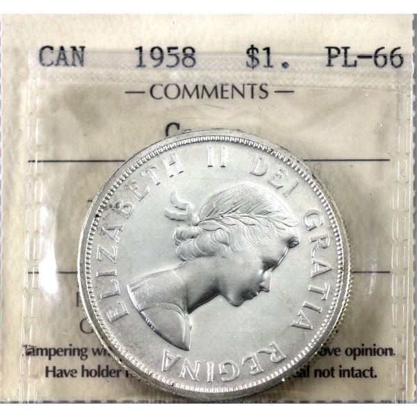 Silver $1 1958 ICCS PL66 Cameo