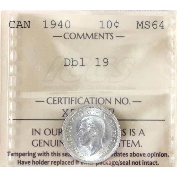  10-cent 1940 Dbl 19 ICCS MS64 