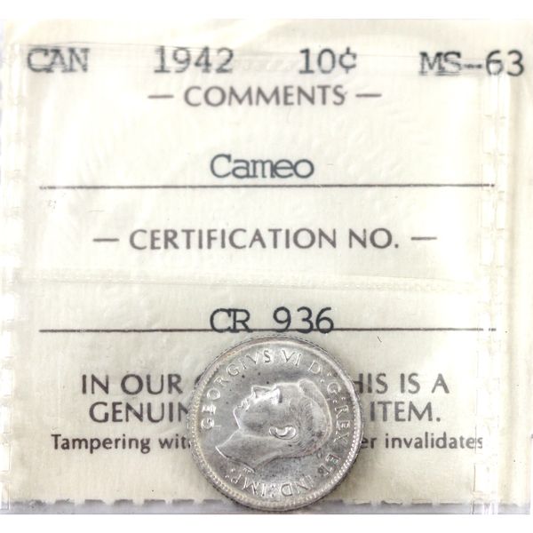 10-cent 1942 ICCS MS63 Cameo 