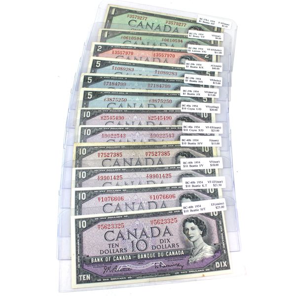 1954 $1, $2, $5 & $10 Fine to AU. 12pcs. 