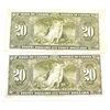 Image 2 : BC-25c 1937 $20 VF-EF (stains) & EF (small pinholes) Coyne-Towers SN: L/E0236783 & K/E5706869. 2pcs.