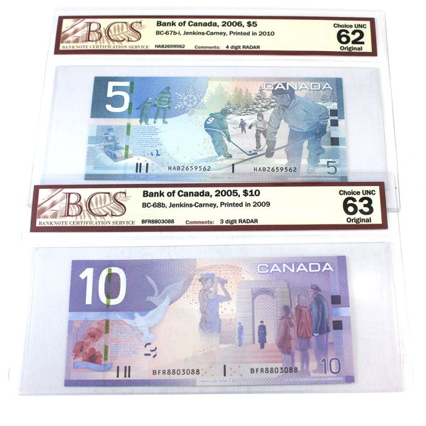 BC-67b-i 2006 $5 & BC-68b 2005 $10 Jenkins-Carney BCS Certified Notes. 2pcs. 