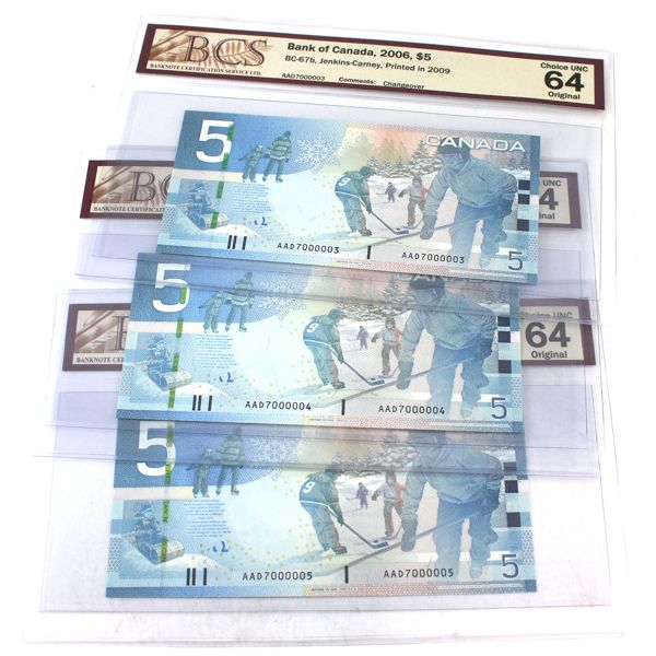3x Consecutive BC-67b 2006 $5 BCS CUNC64 Original Jenkins-Carney SN: AAD7000003 to AAD7000005