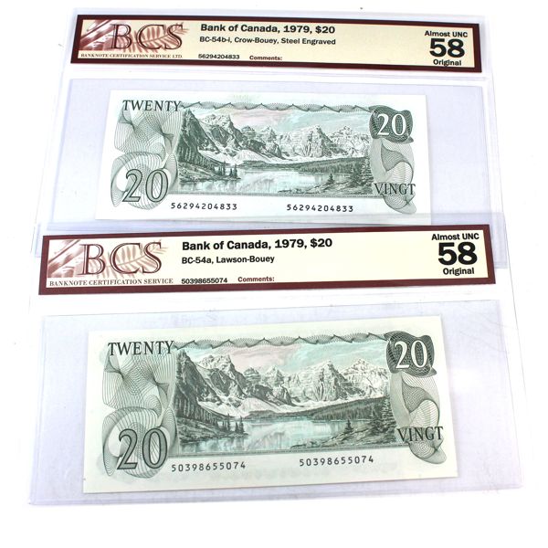1979 $20 BCS AU58 Original Bank of Canada Notes. 2pcs.