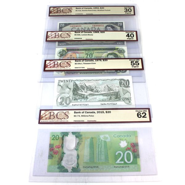 1954-2015 $20 BCS Certified VF30 to CUNC62 Bank of Canada Notes. 4pcs.