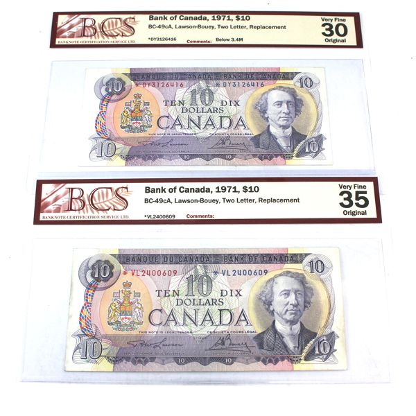 2x BC-49cA 1971 $10 BCS VF30 (Below 3.4M) & VF35 Original Lawson-Bouey Two Letter, Replacement