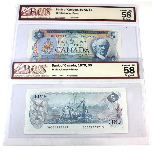 BC-48b 1972 & BC-53a 1979 $5 BCS AU58 Original Lawson-Bouey. 2pcs.