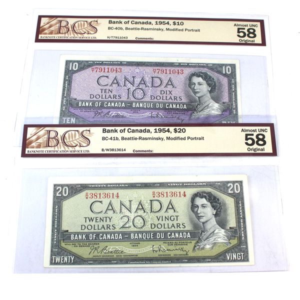 1954 BC-40b $10 & BC-41b $20 BCS AU58 Original Beattie-Rasminsky Modified Portrait. 2pcs. 
