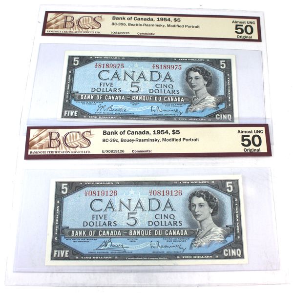 1954 BC-39b & BC-39c $5 BCS AU50 Original Modified Portrait. 2pcs. 