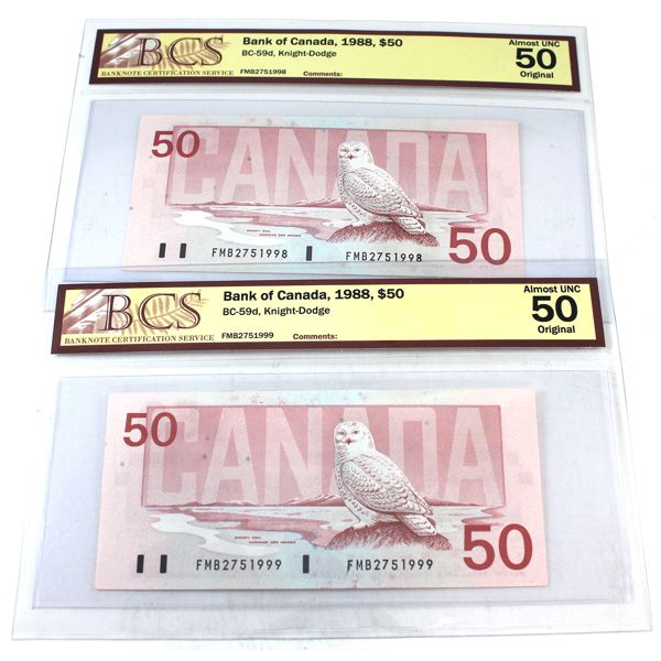 2x Consecutive BC-59d $50 BCS AU50 Original Knight-Dodge SN: FMB2751998 & FMB2751999