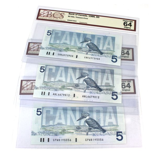 1986 $5 BCS CUNC64 Original Bank of Canada Notes. 3pcs. 