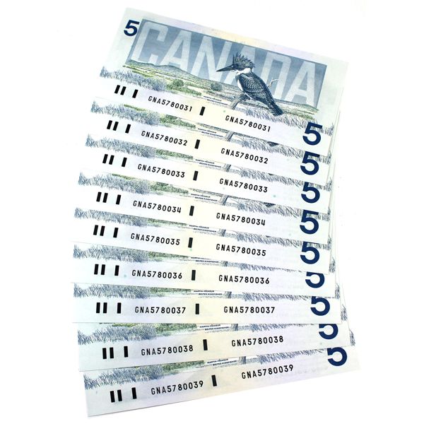 9x BC-56b 1986 $5 Thiessen-Crow Notes in Sequence SN: GNA5780031 to GNA5780039. 9pcs.