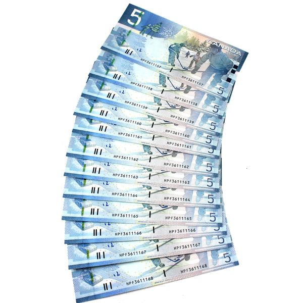12x BC-67b-i 2010 $5 AU-UNC Jenkins-Carney Notes in Sequence SN: HPF3611157 to HPF3611168. 12pcs. 