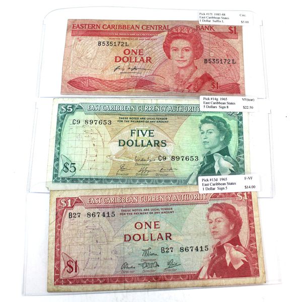East Caribbean States 1965 & 1985-88 $1 & $5 Circ to VF. 3pcs. 