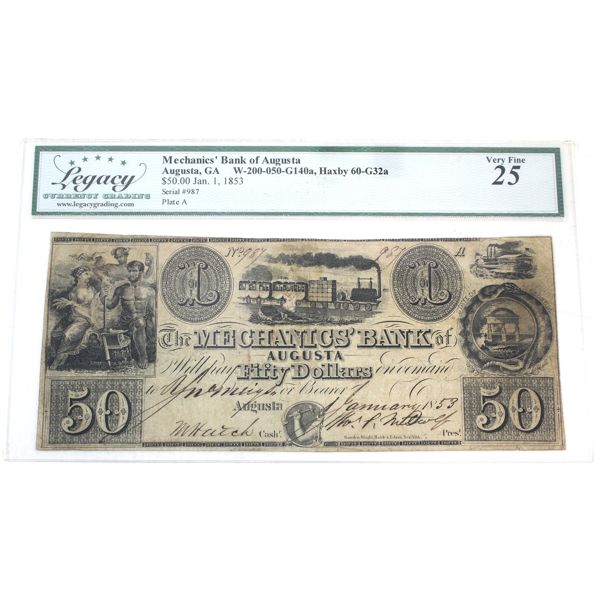 USA 1853 $50 Mechanics' Bank of Augusta Legacy VF25 W-200-050-G140a Haxby 60-G32a SN:987