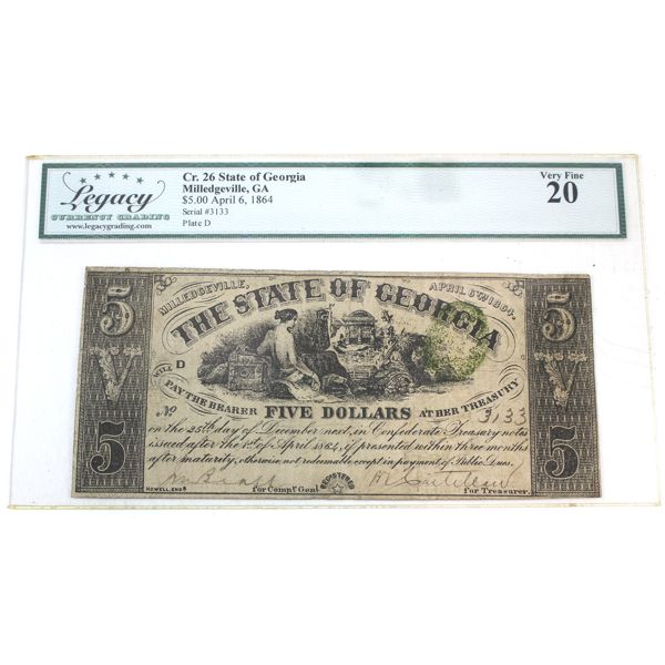 USA 1864 $5 Legacy VF20 Cr. 26 State of Georgia Milledgeville, GA SN: 3133