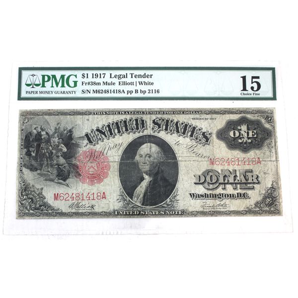 Error! USA 1917 FR-38m $1 PMG F15 Elliot-White, Mule; John Burke Back Plate #2116 SN: M62481418A ppB