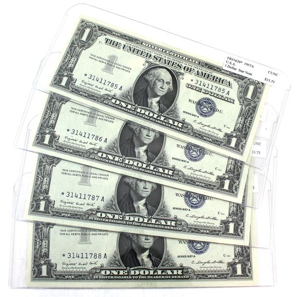 4x USA 1957A FR-1620* $1 CUNC Star Note. Notes in Sequence SN: 31411785A to 31411788A. 4pcs. 