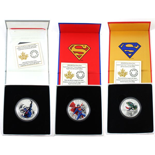2014-2015 $10 & $20 Iconic Superman Comic Book Covers Fine Silver. 3pcs. (Tax Exempt)