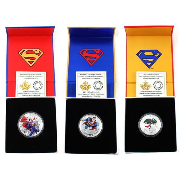 2014 $10, $15 & $20 Iconic Superman Comic Book Covers Fine Silver. 3pcs. (Tax Exempt) 