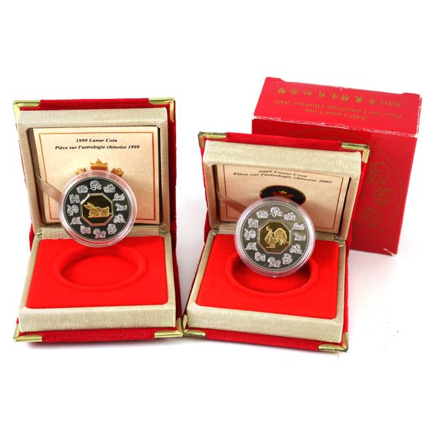 1999 & 2005 $15 Lunar Coins Sterling Silver with Gold Plated Cameo. 2pcs.