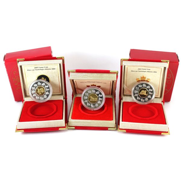 1999-2005 $15 Lunar Coins Sterling Silver with Gold Plated Cameo. 3pcs