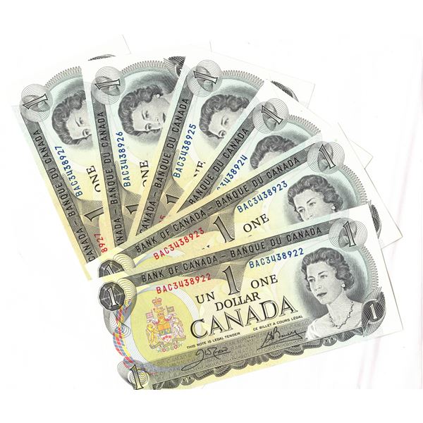 SIX Consecutive 1973 Canadian One Dollar Bills
