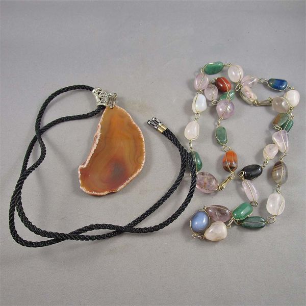 Multi Gemstone Necklace 30" and Agate Slice Necklace