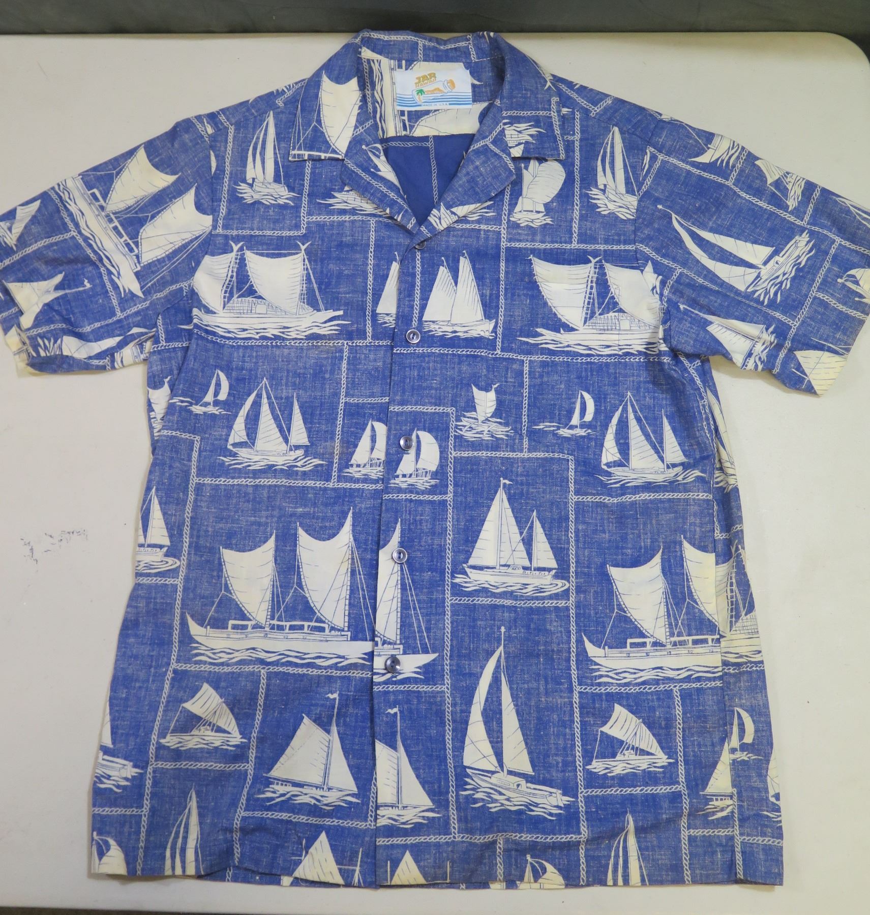 Vintage JAR Hawaii Blue Sailboat Theme Aloha Shirt - Oahu Auctions Vintage JAR Hawaii Blue Sailboat Theme Aloha Shirt - Oahu Auctions