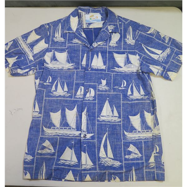 Vintage JAR Hawaii Blue Sailboat Theme Aloha Shirt