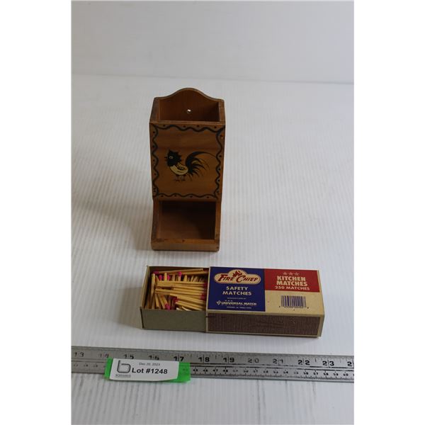 1960s Rooster Wooden Match Box Holder with Matches