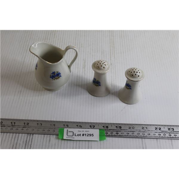 Czechoslovakian Blue Flower Salt and Pepper Shakers and Cream Pitcher (Cracked)