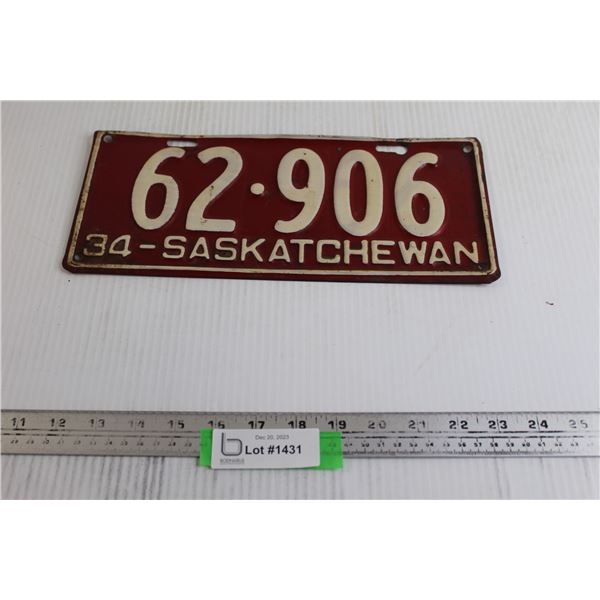 Saskatchewan 1934 License Plate