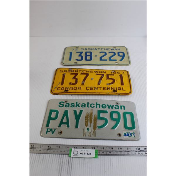 (3) Assorted Saskatchewan License Plates
