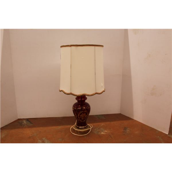 * Vintage Brass & Red Glass Lamp w/Shade Lamp (works - shade has damage)